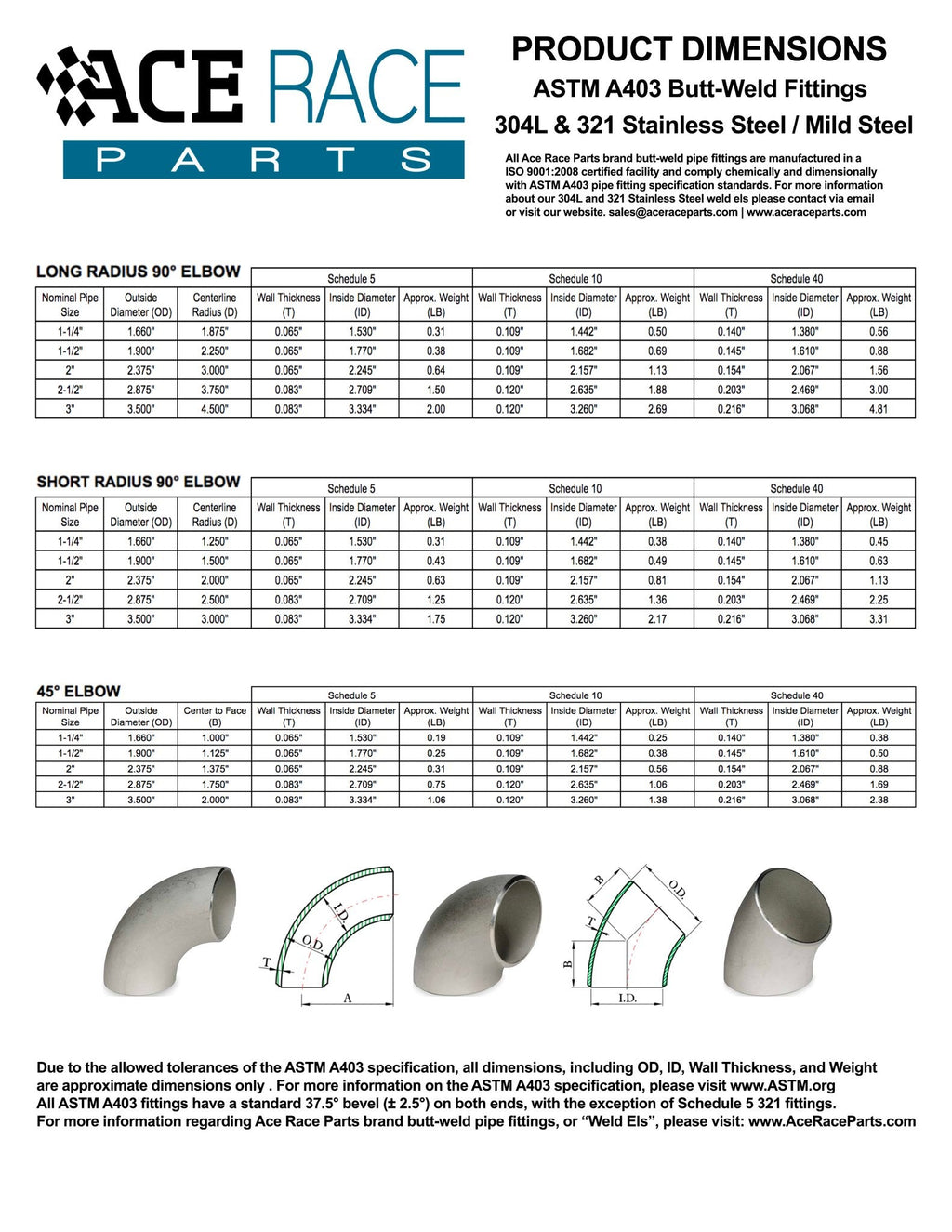 2" Schedule 10 Long Radius 90° Elbow 304 Stainless
